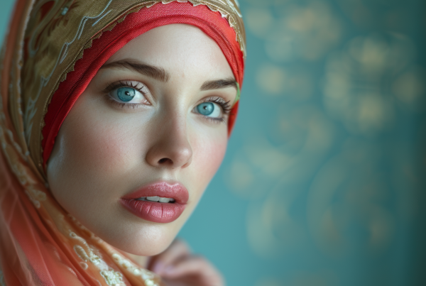 A beautiful woman with a striking red headscarf and a gold scarf is elegantly pictured. She has captivating blue eyes and wears a red hat. The woman''s portrait showcases her stunning features, including her red lipstick. The image focuses on her face, highlighting the intricate details of her headscarf and scarf. The woman exudes elegance and beauty, with a serene expression on her face. The overall color palette includes shades of brown, beige, and green, creating a harmonious and visually appealing composition.