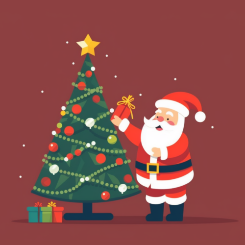 In this image, we see a festive scene where a Santa Claus is decorating a beautifully adorned Christmas tree. The Santa Claus is holding a present in front of the tree, adding to the holiday spirit. There is also a stuffed toy present in the scene. The color palette consists of warm tones like red, blue, and green, creating a cozy and cheerful atmosphere. The image exudes Christmas vibes with elements like gifts, decorations, and a star on top of the tree. This heartwarming illustration captures the essence of the holiday season