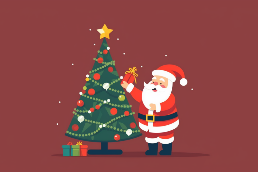 In this image, we see a festive scene where a Santa Claus is decorating a beautifully adorned Christmas tree. The Santa Claus is holding a present in front of the tree, adding to the holiday spirit. There is also a stuffed toy present in the scene. The color palette consists of warm tones like red, blue, and green, creating a cozy and cheerful atmosphere. The image exudes Christmas vibes with elements like gifts, decorations, and a star on top of the tree. This heartwarming illustration captures the essence of the holiday season