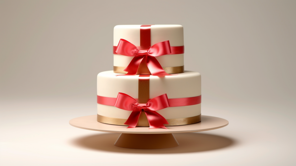 A beautifully designed three-tiered cake is showcased in the image, adorned with a striking red ribbon on top. The cake features intricate details and is perfect for a special occasion like a wedding or anniversary. The color scheme of the cake is predominantly white, with accents of red and hints of beige. The cake stands tall and elegant, with a sense of grandeur and celebration. The red ribbon adds a touch of sophistication and ties the whole look together. This cake is a stunning centerpiece that would surely impress any guest at a festive event.