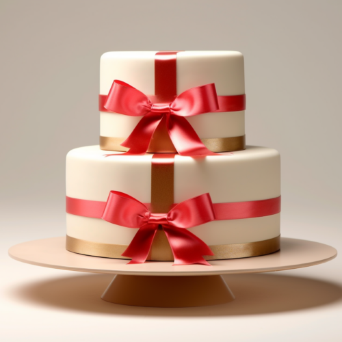 A beautifully designed three-tiered cake is showcased in the image, adorned with a striking red ribbon on top. The cake features intricate details and is perfect for a special occasion like a wedding or anniversary. The color scheme of the cake is predominantly white, with accents of red and hints of beige. The cake stands tall and elegant, with a sense of grandeur and celebration. The red ribbon adds a touch of sophistication and ties the whole look together. This cake is a stunning centerpiece that would surely impress any guest at a festive event.