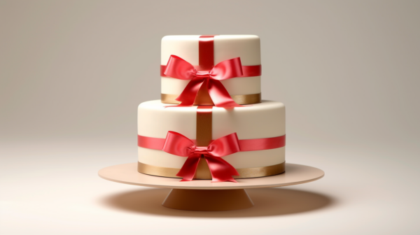 A beautifully designed three-tiered cake is showcased in the image, adorned with a striking red ribbon on top. The cake features intricate details and is perfect for a special occasion like a wedding or anniversary. The color scheme of the cake is predominantly white, with accents of red and hints of beige. The cake stands tall and elegant, with a sense of grandeur and celebration. The red ribbon adds a touch of sophistication and ties the whole look together. This cake is a stunning centerpiece that would surely impress any guest at a festive event.