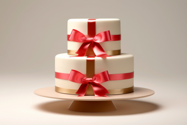 A beautifully designed three-tiered cake is showcased in the image, adorned with a striking red ribbon on top. The cake features intricate details and is perfect for a special occasion like a wedding or anniversary. The color scheme of the cake is predominantly white, with accents of red and hints of beige. The cake stands tall and elegant, with a sense of grandeur and celebration. The red ribbon adds a touch of sophistication and ties the whole look together. This cake is a stunning centerpiece that would surely impress any guest at a festive event.