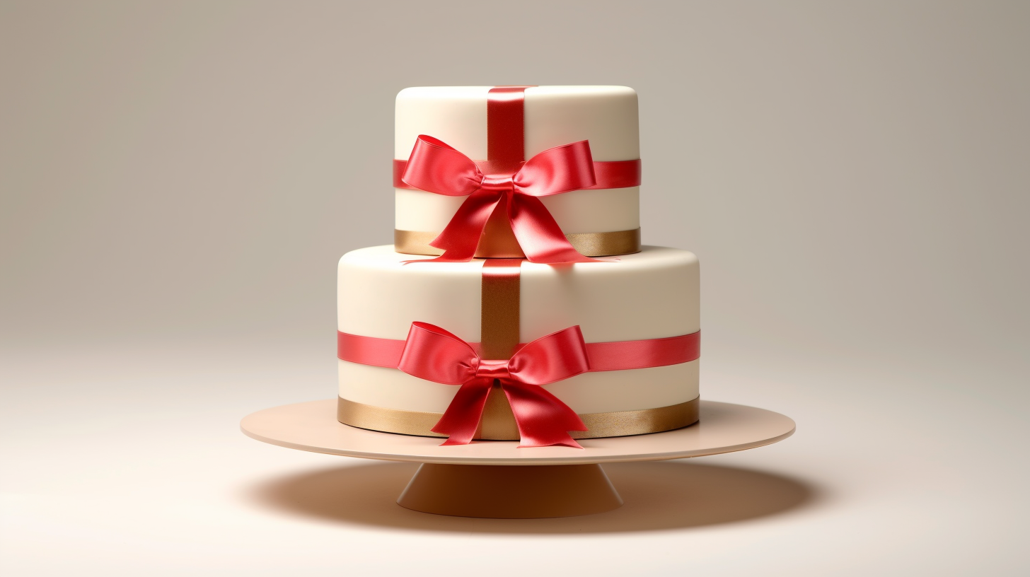 A beautifully designed three-tiered cake is showcased in the image, adorned with a striking red ribbon on top. The cake features intricate details and is perfect for a special occasion like a wedding or anniversary. The color scheme of the cake is predominantly white, with accents of red and hints of beige. The cake stands tall and elegant, with a sense of grandeur and celebration. The red ribbon adds a touch of sophistication and ties the whole look together. This cake is a stunning centerpiece that would surely impress any guest at a festive event.