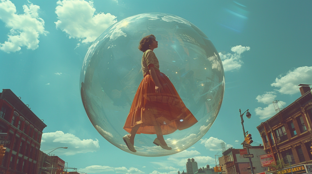In this image, we see a woman gracefully walking inside a bubble, wearing a beautiful dress. Surrounding her are street lights, a traffic light, and a traffic sign, indicating that she is in an urban environment. The woman is also wearing sneakers, adding a casual touch to her elegant outfit. The colors in the image are primarily earth tones, with shades of brown, green, and blue. The scene conveys a sense of whimsy and surrealism, as the woman floats through the bubble in her stylish attire.