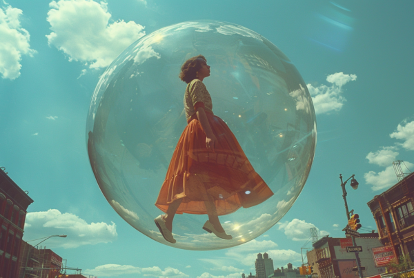 In this image, we see a woman gracefully walking inside a bubble, wearing a beautiful dress. Surrounding her are street lights, a traffic light, and a traffic sign, indicating that she is in an urban environment. The woman is also wearing sneakers, adding a casual touch to her elegant outfit. The colors in the image are primarily earth tones, with shades of brown, green, and blue. The scene conveys a sense of whimsy and surrealism, as the woman floats through the bubble in her stylish attire.