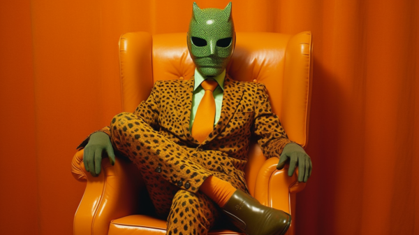 A well-dressed man is sitting in a chair in a room. He is wearing a stylish suit with a leopard print tie. The man''s outfit also includes brown boots and orange socks. The focus is on the tie and shirt combination, which is a unique and interesting choice. The room features a large, comfortable looking chair and a couch in the background. The man exudes confidence and sophistication with his attire, making a fashionable statement. The overall color scheme includes shades of brown, orange, and green, adding to the elegant aesthetic of the scene.