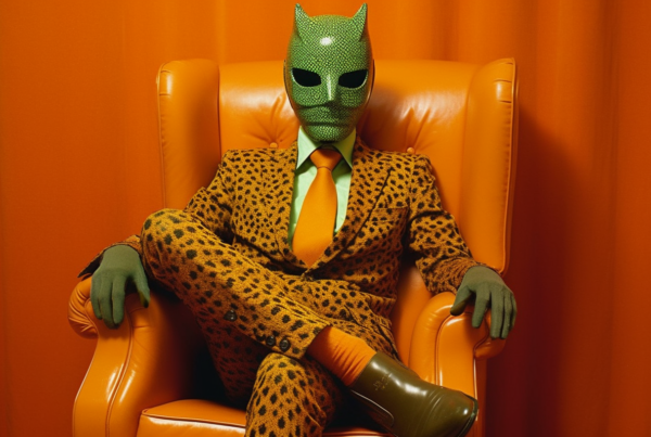 A well-dressed man is sitting in a chair in a room. He is wearing a stylish suit with a leopard print tie. The man''s outfit also includes brown boots and orange socks. The focus is on the tie and shirt combination, which is a unique and interesting choice. The room features a large, comfortable looking chair and a couch in the background. The man exudes confidence and sophistication with his attire, making a fashionable statement. The overall color scheme includes shades of brown, orange, and green, adding to the elegant aesthetic of the scene.