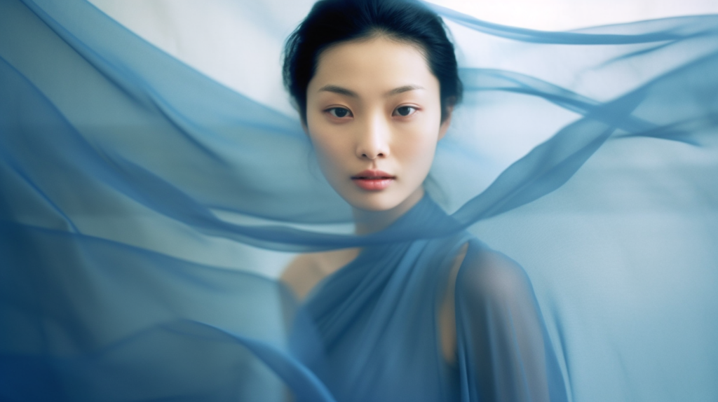 A young woman with a serene expression is captured in the image, wearing a beautiful blue dress that catches the eye. Her gaze is direct and engaging, as if she is looking straight at the camera. The woman''s face is partially covered by a delicate veil, adding an air of mystery and elegance to her appearance. The colors in the image are predominantly shades of blue and gray, creating a soothing and harmonious visual aesthetic. Overall, the scene conveys a sense of grace and sophistication, making it a captivating and intriguing portrait.