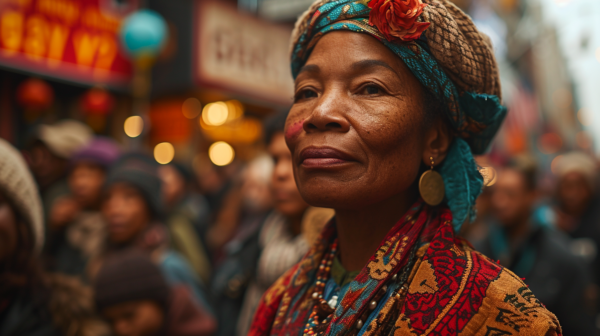 A woman, approximately 60 years old, with a flower on her head is featured in the image. She is wearing a colorful head scarf and a colorful hat, adding vibrancy to her look. The woman''s face is the focal point of the image, showing her age and gender as female. The background is blurred, emphasizing the woman''s features. There are also various hats and a flower in the image, but they are not the main focus. The woman appears to be standing in a crowd, and she is wearing a necklace. The color palette includes shades of brown, blue, and red, creating a warm and inviting atmosphere in the image.