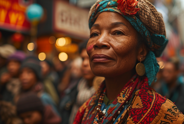 A woman, approximately 60 years old, with a flower on her head is featured in the image. She is wearing a colorful head scarf and a colorful hat, adding vibrancy to her look. The woman''s face is the focal point of the image, showing her age and gender as female. The background is blurred, emphasizing the woman''s features. There are also various hats and a flower in the image, but they are not the main focus. The woman appears to be standing in a crowd, and she is wearing a necklace. The color palette includes shades of brown, blue, and red, creating a warm and inviting atmosphere in the image.