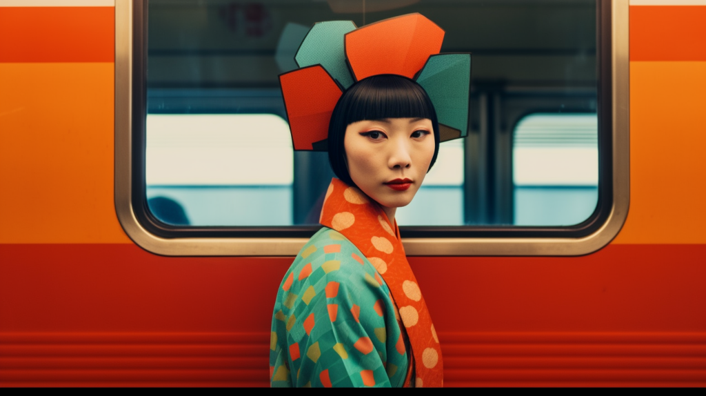 A striking image featuring a young woman standing in front of a train, wearing a vibrant and colorful headpiece that combines red and green tones. The woman is dressed in a kimono with a polka dot pattern, adding to the overall visually captivating look. The focus is on the woman''s face, showing a confident expression. The background showcases the train''s windows, enhancing the sense of movement and travel. The color palette includes shades of red, green, and neutral tones, creating a harmonious and eye-catching composition. This image exudes a sense of cultural richness and artistic flair.