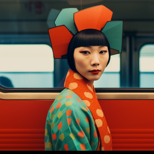 A striking image featuring a young woman standing in front of a train, wearing a vibrant and colorful headpiece that combines red and green tones. The woman is dressed in a kimono with a polka dot pattern, adding to the overall visually captivating look. The focus is on the woman''s face, showing a confident expression. The background showcases the train''s windows, enhancing the sense of movement and travel. The color palette includes shades of red, green, and neutral tones, creating a harmonious and eye-catching composition. This image exudes a sense of cultural richness and artistic flair.