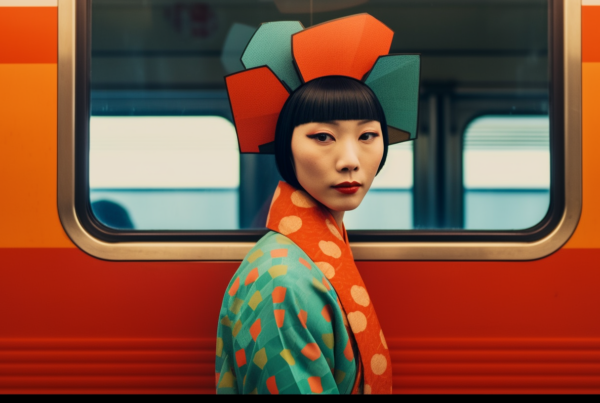 A striking image featuring a young woman standing in front of a train, wearing a vibrant and colorful headpiece that combines red and green tones. The woman is dressed in a kimono with a polka dot pattern, adding to the overall visually captivating look. The focus is on the woman''s face, showing a confident expression. The background showcases the train''s windows, enhancing the sense of movement and travel. The color palette includes shades of red, green, and neutral tones, creating a harmonious and eye-catching composition. This image exudes a sense of cultural richness and artistic flair.