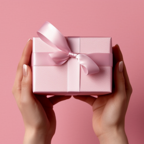 A woman is depicted holding a pink gift box adorned with a pink bow in the center. The gift box is shiny and wrapped in a satin material. The scene is set against a pink background, highlighting the vibrant colors of the gift box and bow. The person''s hand delicately holds the gift, showcasing a sense of care and excitement. The overall composition exudes a sense of joy and celebration, perfect for occasions like birthdays, anniversaries, or special events. The pink color scheme adds a feminine and elegant touch to the image, making it visually appealing and eye-catching.