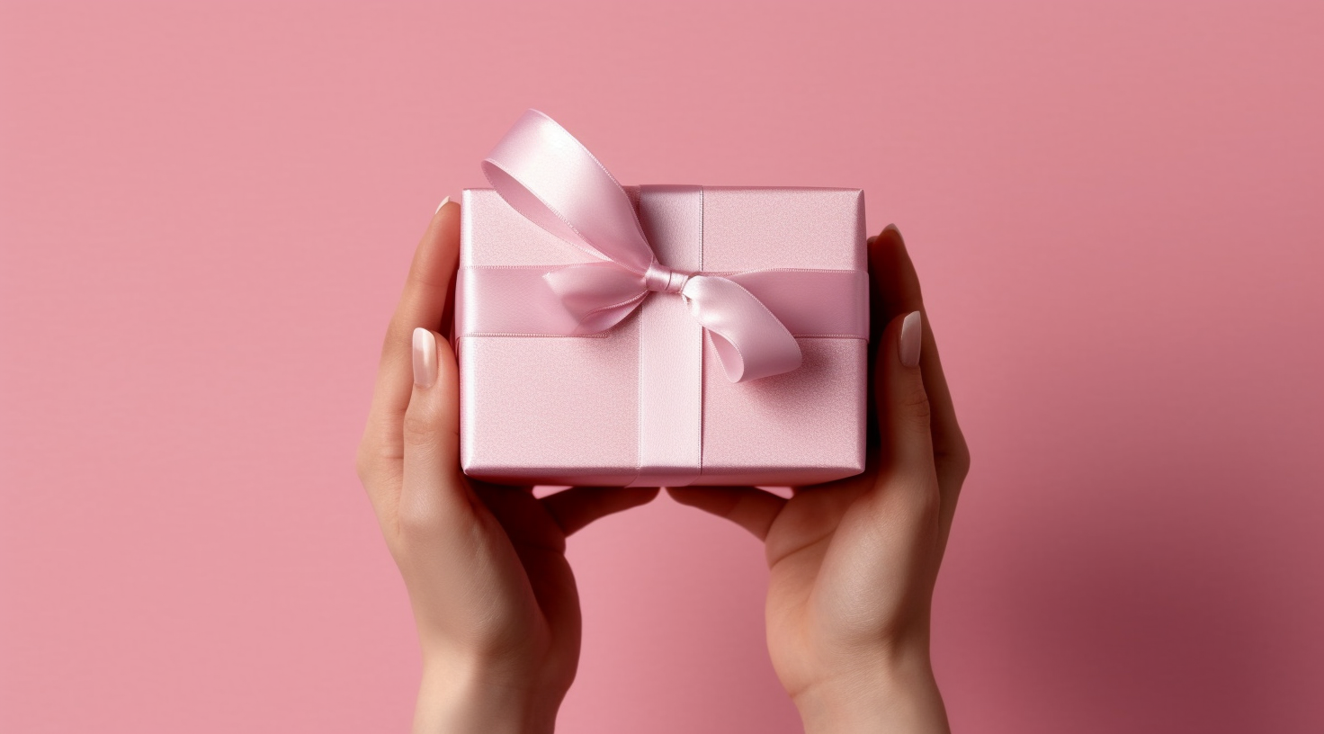A woman is depicted holding a pink gift box adorned with a pink bow in the center. The gift box is shiny and wrapped in a satin material. The scene is set against a pink background, highlighting the vibrant colors of the gift box and bow. The person''s hand delicately holds the gift, showcasing a sense of care and excitement. The overall composition exudes a sense of joy and celebration, perfect for occasions like birthdays, anniversaries, or special events. The pink color scheme adds a feminine and elegant touch to the image, making it visually appealing and eye-catching.