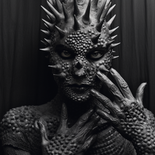 The image depicts a black and white photo of a sculpture resembling a man with a dragon head. The sculpture features a man with a weird face and spiked hair, giving him a creepy and unsettling appearance. The eyes of the sculpture are prominent, adding to the eerie vibe. The sculpture''s hand is placed near its face, enhancing the overall strange look. The lighting in the image suggests it was taken during daylight. The colors in the image are primarily dark shades of black and grey, with accents of white. The overall composition gives off a mysterious and haunting feel.