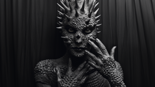 The image depicts a black and white photo of a sculpture resembling a man with a dragon head. The sculpture features a man with a weird face and spiked hair, giving him a creepy and unsettling appearance. The eyes of the sculpture are prominent, adding to the eerie vibe. The sculpture''s hand is placed near its face, enhancing the overall strange look. The lighting in the image suggests it was taken during daylight. The colors in the image are primarily dark shades of black and grey, with accents of white. The overall composition gives off a mysterious and haunting feel.