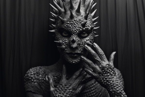 The image depicts a black and white photo of a sculpture resembling a man with a dragon head. The sculpture features a man with a weird face and spiked hair, giving him a creepy and unsettling appearance. The eyes of the sculpture are prominent, adding to the eerie vibe. The sculpture''s hand is placed near its face, enhancing the overall strange look. The lighting in the image suggests it was taken during daylight. The colors in the image are primarily dark shades of black and grey, with accents of white. The overall composition gives off a mysterious and haunting feel.