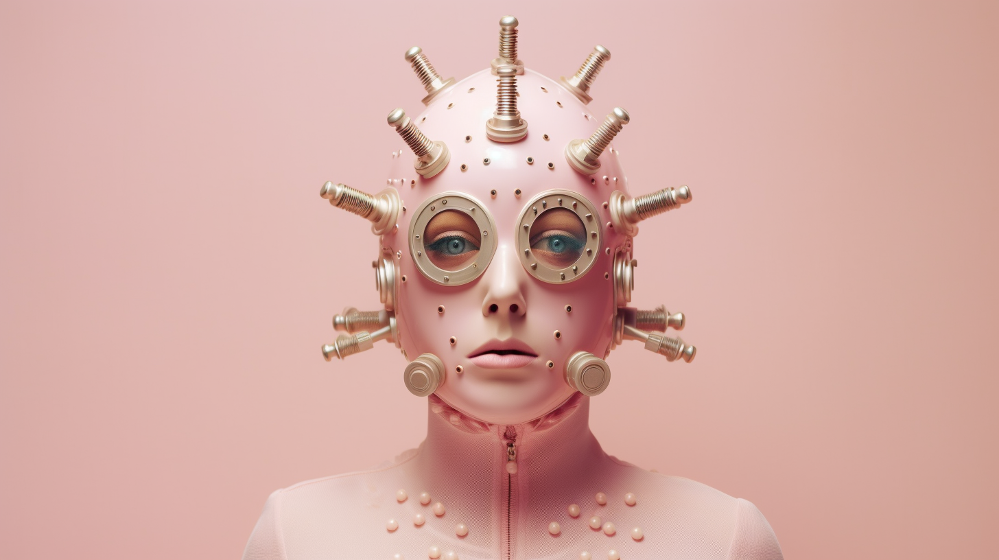 A woman is depicted in the image wearing a pink mask and a bunch of hair. She has a confident expression on her face as she gazes towards the camera. The mask is a vibrant pink color and covers the lower half of her face. Her hair is styled in a voluminous bunch that adds to her overall appearance. The woman''s features are sharp and defined, giving her a striking look. The background is a soft pink hue that complements the colors in the image. Overall, the woman exudes a sense of style and individuality with her unique look.