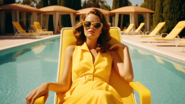 In this image, we see a woman wearing a stunning yellow dress, sitting elegantly in a yellow chair. The scene is set by a pool, with several umbrellas in the background. The woman is also wearing sunglasses, adding to her chic look. She appears to be relaxed and enjoying her time by the pool. The colors in the image are mainly earthy tones, with yellow being the primary color. The composition is visually appealing, with the woman as the central focus of the image, exuding style and grace. The overall vibe is one of leisure and sophistication.