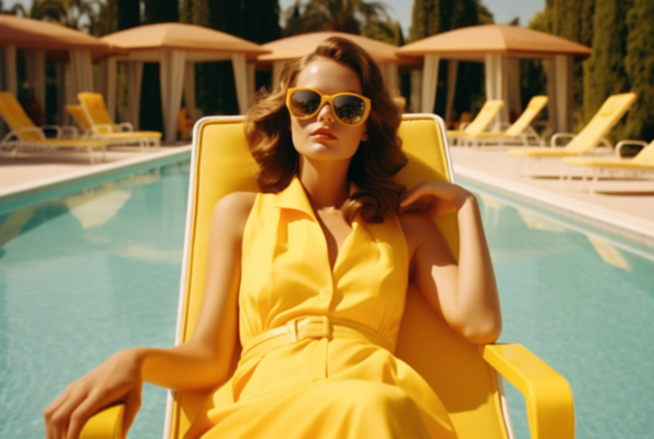 In this image, we see a woman wearing a stunning yellow dress, sitting elegantly in a yellow chair. The scene is set by a pool, with several umbrellas in the background. The woman is also wearing sunglasses, adding to her chic look. She appears to be relaxed and enjoying her time by the pool. The colors in the image are mainly earthy tones, with yellow being the primary color. The composition is visually appealing, with the woman as the central focus of the image, exuding style and grace. The overall vibe is one of leisure and sophistication.
