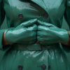 In this image, we see a woman wearing a stylish green leather coat and matching green leather gloves. The woman is carrying a green handbag. The gloves are prominently featured in the image, with one hand holding a cell phone. The color palette of the outfit is primarily shades of green, with accents of dark green and teal. The woman appears to be out and about, possibly running errands or on her way to a social event. The overall look is chic and elegant, with a touch of sophistication.