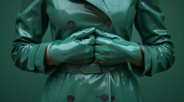 In this image, we see a woman wearing a stylish green leather coat and matching green leather gloves. The woman is carrying a green handbag. The gloves are prominently featured in the image, with one hand holding a cell phone. The color palette of the outfit is primarily shades of green, with accents of dark green and teal. The woman appears to be out and about, possibly running errands or on her way to a social event. The overall look is chic and elegant, with a touch of sophistication.
