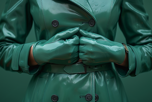 In this image, we see a woman wearing a stylish green leather coat and matching green leather gloves. The woman is carrying a green handbag. The gloves are prominently featured in the image, with one hand holding a cell phone. The color palette of the outfit is primarily shades of green, with accents of dark green and teal. The woman appears to be out and about, possibly running errands or on her way to a social event. The overall look is chic and elegant, with a touch of sophistication.