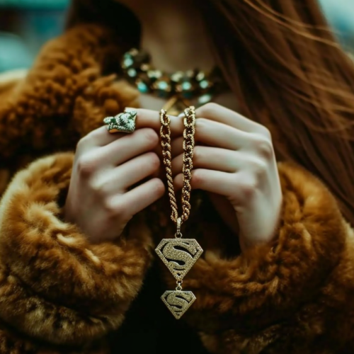 A woman in a luxurious fur coat is standing elegantly, holding a chain with a pendant in her hand. She is wearing a stunning gold necklace with a snake symbol on it. In the background, there is a car parked nearby. The woman''s hand is adorned with a beautiful ring as she confidently displays her accessories. The scene exudes opulence and style, with the woman''s fur coat adding a touch of glamour to the overall look. The colors in the image are predominantly earthy tones, creating a warm and sophisticated ambiance.