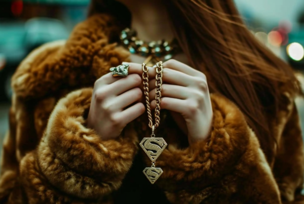 A woman in a luxurious fur coat is standing elegantly, holding a chain with a pendant in her hand. She is wearing a stunning gold necklace with a snake symbol on it. In the background, there is a car parked nearby. The woman''s hand is adorned with a beautiful ring as she confidently displays her accessories. The scene exudes opulence and style, with the woman''s fur coat adding a touch of glamour to the overall look. The colors in the image are predominantly earthy tones, creating a warm and sophisticated ambiance.