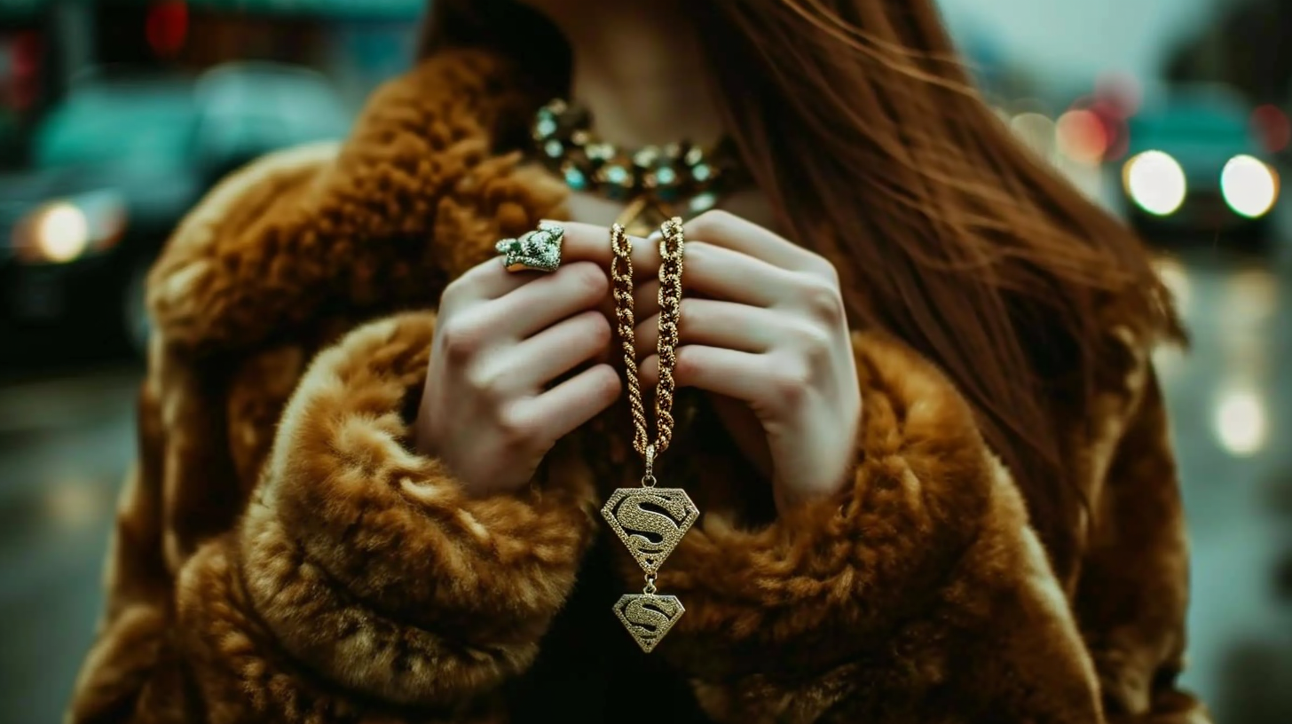 A woman in a luxurious fur coat is standing elegantly, holding a chain with a pendant in her hand. She is wearing a stunning gold necklace with a snake symbol on it. In the background, there is a car parked nearby. The woman''s hand is adorned with a beautiful ring as she confidently displays her accessories. The scene exudes opulence and style, with the woman''s fur coat adding a touch of glamour to the overall look. The colors in the image are predominantly earthy tones, creating a warm and sophisticated ambiance.