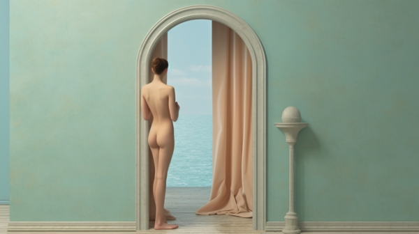 A naked woman is standing in a doorway, looking out at the ocean. The man is positioned in the center of the image, with his back facing the viewer. He has a muscular build and is gazing out at the vast expanse of water in front of him. The doorway frames him, creating a striking visual contrast between the man and the ocean. The scene is bathed in natural light, creating a serene and contemplative atmosphere. The ocean appears calm and inviting, stretching out into the distance. The man''s nudity adds a sense of vulnerability and rawness to the composition.