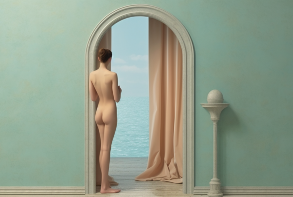 A naked woman is standing in a doorway, looking out at the ocean. The man is positioned in the center of the image, with his back facing the viewer. He has a muscular build and is gazing out at the vast expanse of water in front of him. The doorway frames him, creating a striking visual contrast between the man and the ocean. The scene is bathed in natural light, creating a serene and contemplative atmosphere. The ocean appears calm and inviting, stretching out into the distance. The man''s nudity adds a sense of vulnerability and rawness to the composition.