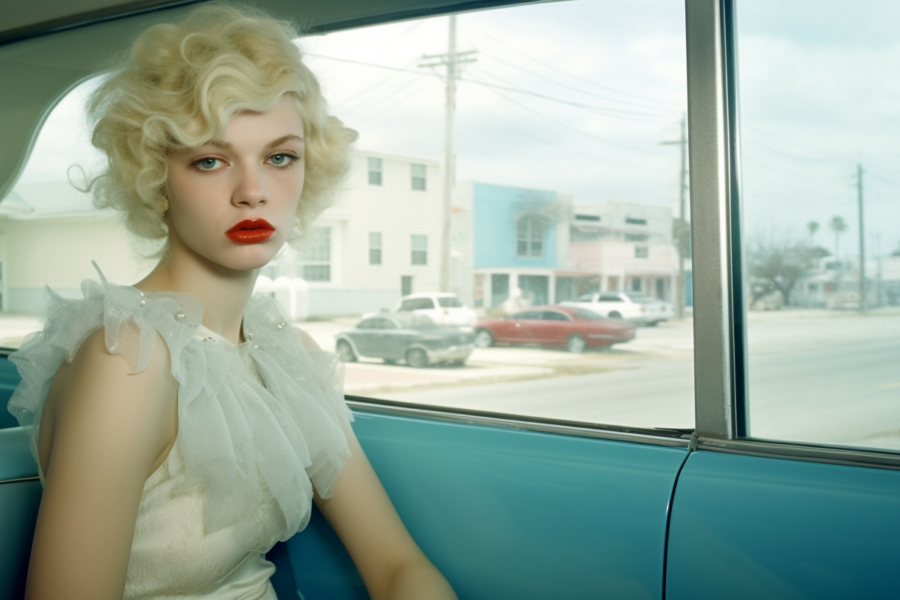 A stylish woman with blonde hair and red lips is sitting in a car, captured in a photograph. The scene includes multiple cars parked on a street, with a red car and a white car prominently visible. The woman is wearing a dress and has a hat and scarf on, adding a fashionable touch to the image. The background features a white building, palm trees, and a bed visible through the car window. The overall color palette consists of shades of green, blue, and white, with accents of dark blue and black. The woman appears to be in her mid-twenties, exuding a sense of confidence and sophistication.