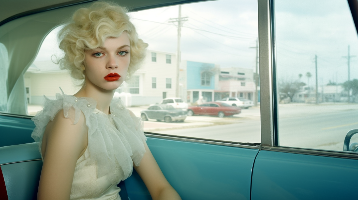 A stylish woman with blonde hair and red lips is sitting in a car, captured in a photograph. The scene includes multiple cars parked on a street, with a red car and a white car prominently visible. The woman is wearing a dress and has a hat and scarf on, adding a fashionable touch to the image. The background features a white building, palm trees, and a bed visible through the car window. The overall color palette consists of shades of green, blue, and white, with accents of dark blue and black. The woman appears to be in her mid-twenties, exuding a sense of confidence and sophistication.