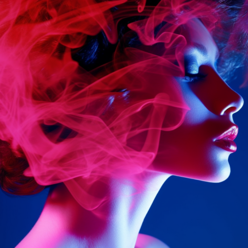 A woman with striking red hair is featured in this image, with wisps of smoke elegantly swirling around her head. The woman''s hair appears to be enveloped in a pink cloud of smoke, creating a mesmerizing and ethereal effect. The background is a mix of deep blue and red hues, adding to the dramatic and mysterious atmosphere of the image. The woman''s expression is not visible, but her presence exudes a sense of confidence and allure. The overall composition is visually captivating, with a perfect balance of color and movement