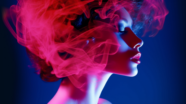 A woman with striking red hair is featured in this image, with wisps of smoke elegantly swirling around her head. The woman''s hair appears to be enveloped in a pink cloud of smoke, creating a mesmerizing and ethereal effect. The background is a mix of deep blue and red hues, adding to the dramatic and mysterious atmosphere of the image. The woman''s expression is not visible, but her presence exudes a sense of confidence and allure. The overall composition is visually captivating, with a perfect balance of color and movement