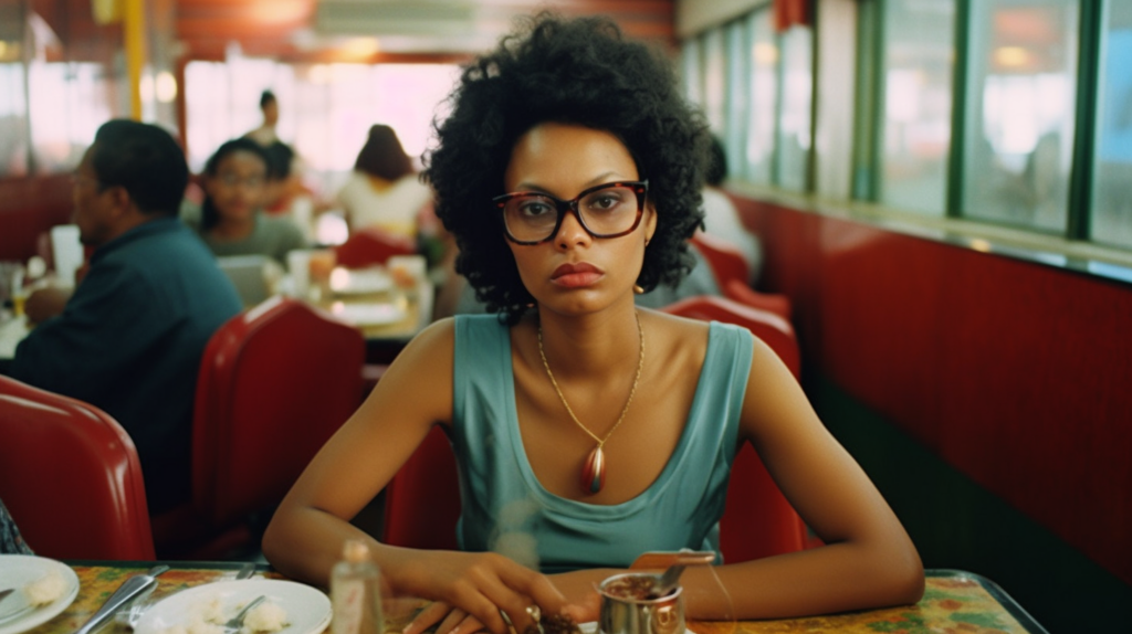 In this image, we see a woman sitting at a table in a diner. She is focused on her plate of food, with a glass of water nearby. The woman is wearing glasses and a necklace with a gold chain, adding a touch of elegance to her outfit. The setting is cozy, with a red color scheme dominating the scene. The woman appears to be in her late twenties, with features that suggest she is female. The background shows another person sitting at a different table, enhancing the diners'' atmosphere. The overall vibe is relaxed and inviting, perfect for a casual dining experience.