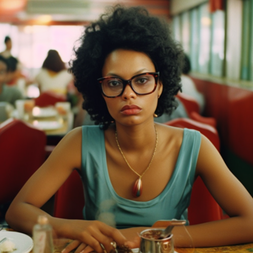 In this image, we see a woman sitting at a table in a diner. She is focused on her plate of food, with a glass of water nearby. The woman is wearing glasses and a necklace with a gold chain, adding a touch of elegance to her outfit. The setting is cozy, with a red color scheme dominating the scene. The woman appears to be in her late twenties, with features that suggest she is female. The background shows another person sitting at a different table, enhancing the diners'' atmosphere. The overall vibe is relaxed and inviting, perfect for a casual dining experience.