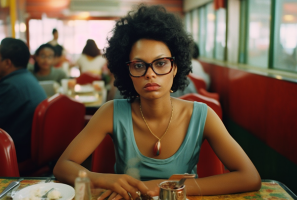 In this image, we see a woman sitting at a table in a diner. She is focused on her plate of food, with a glass of water nearby. The woman is wearing glasses and a necklace with a gold chain, adding a touch of elegance to her outfit. The setting is cozy, with a red color scheme dominating the scene. The woman appears to be in her late twenties, with features that suggest she is female. The background shows another person sitting at a different table, enhancing the diners'' atmosphere. The overall vibe is relaxed and inviting, perfect for a casual dining experience.