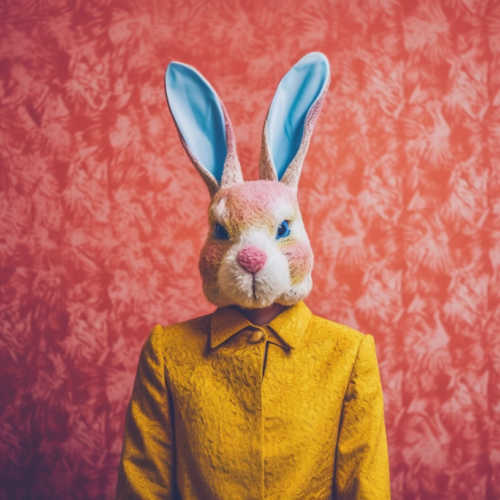 A person is wearing a bunny mask on their head, with a stuffed toy bunny visible in the background. The stuffed toy is brown with a yellow coat, and is placed against a pink background. The person is not facing the camera directly, but the bunny mask is prominently displayed on their head. The colors in the image include shades of brown, yellow, red, and a hint of blue. The overall composition gives a playful and whimsical feel, perfect for Easter or a costume party. This image could be used for a dataset on bunny-themed accessories or for creative mask designs.