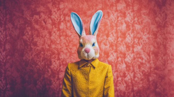 A person is wearing a bunny mask on their head, with a stuffed toy bunny visible in the background. The stuffed toy is brown with a yellow coat, and is placed against a pink background. The person is not facing the camera directly, but the bunny mask is prominently displayed on their head. The colors in the image include shades of brown, yellow, red, and a hint of blue. The overall composition gives a playful and whimsical feel, perfect for Easter or a costume party. This image could be used for a dataset on bunny-themed accessories or for creative mask designs.