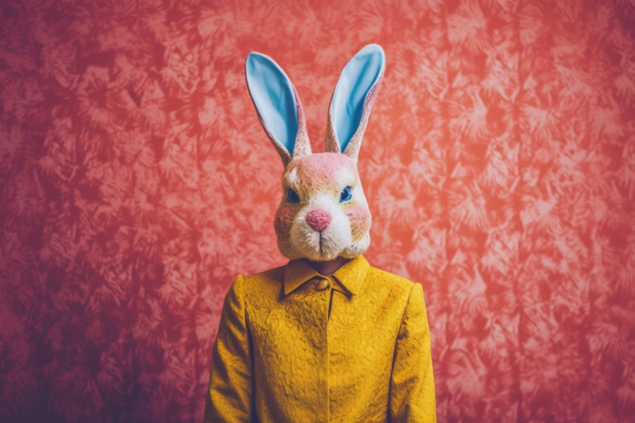A person is wearing a bunny mask on their head, with a stuffed toy bunny visible in the background. The stuffed toy is brown with a yellow coat, and is placed against a pink background. The person is not facing the camera directly, but the bunny mask is prominently displayed on their head. The colors in the image include shades of brown, yellow, red, and a hint of blue. The overall composition gives a playful and whimsical feel, perfect for Easter or a costume party. This image could be used for a dataset on bunny-themed accessories or for creative mask designs.