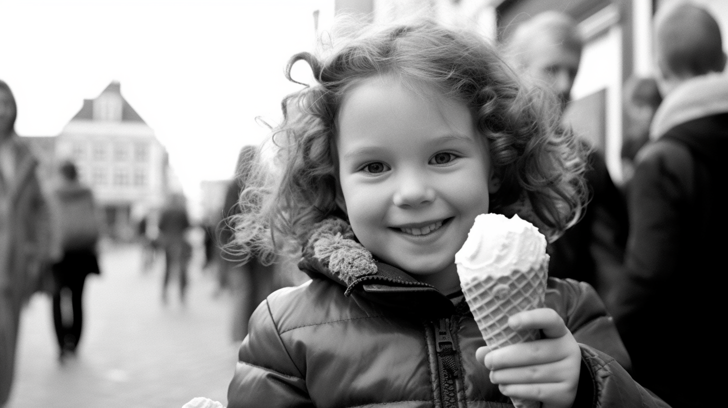 In this black and white image, a little girl is joyfully holding a large ice cream cone in her hand. She is smiling brightly as she enjoys her sweet treat. The background is slightly blurred, focusing all attention on the girl and her ice cream. Another person can be seen in the background, also holding an ice cream cone. The girl is wearing casual clothing and seems to be in a happy and carefree moment. The image captures a simple yet delightful scene of childhood innocence and happiness.