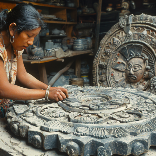 A woman is diligently working on a stone sculpture in a workshop. She is focused and engaged in the creative process, showcasing her skill and passion for art. The workshop is filled with various tools and materials, including a desk and a cabinet/shelf. The woman is wearing a colorful dress and a bracelet on her wrist. Her hair is styled in a traditional manner. The atmosphere is serene and inspiring, with the woman''s craftsmanship evident in the intricate details of the sculpture. This scene captures a moment of artistic expression and dedication.
