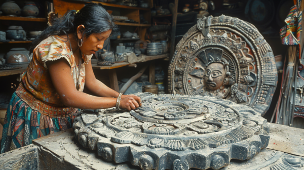 A woman is diligently working on a stone sculpture in a workshop. She is focused and engaged in the creative process, showcasing her skill and passion for art. The workshop is filled with various tools and materials, including a desk and a cabinet/shelf. The woman is wearing a colorful dress and a bracelet on her wrist. Her hair is styled in a traditional manner. The atmosphere is serene and inspiring, with the woman''s craftsmanship evident in the intricate details of the sculpture. This scene captures a moment of artistic expression and dedication.