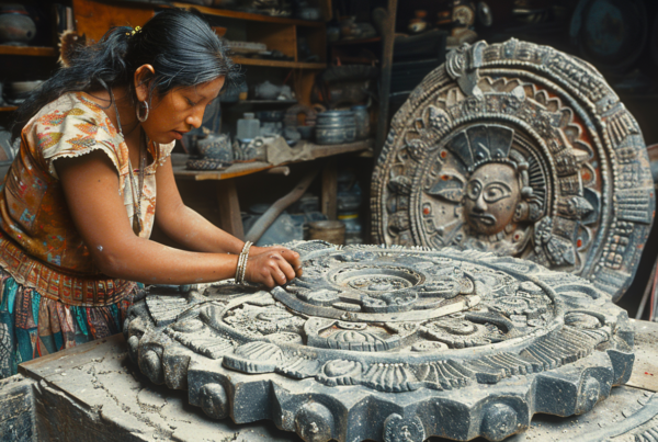 A woman is diligently working on a stone sculpture in a workshop. She is focused and engaged in the creative process, showcasing her skill and passion for art. The workshop is filled with various tools and materials, including a desk and a cabinet/shelf. The woman is wearing a colorful dress and a bracelet on her wrist. Her hair is styled in a traditional manner. The atmosphere is serene and inspiring, with the woman''s craftsmanship evident in the intricate details of the sculpture. This scene captures a moment of artistic expression and dedication.
