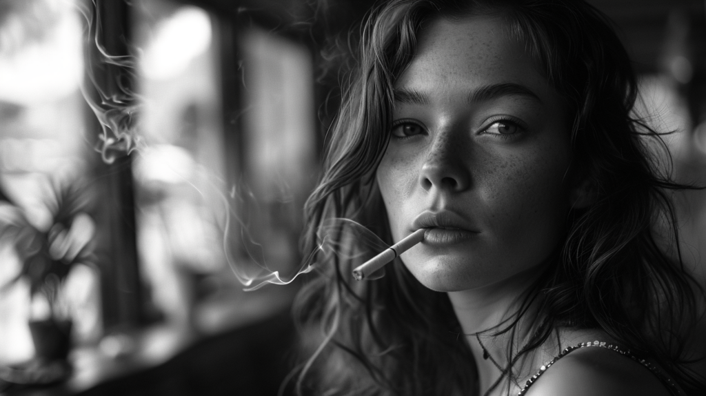 In this black and white photo, a young woman is depicted smoking a cigarette. The woman, who appears to be around 23 years old, has long hair and is wearing a necklace. The image focuses on her face, capturing her holding the cigarette in her mouth. In the background, there is a small flower in a vase. The woman''s expression is neutral as she smokes. The overall tone of the image is nostalgic and vintage. The contrast between the dark tones and the woman''s white skin adds to the dramatic effect of the composition.