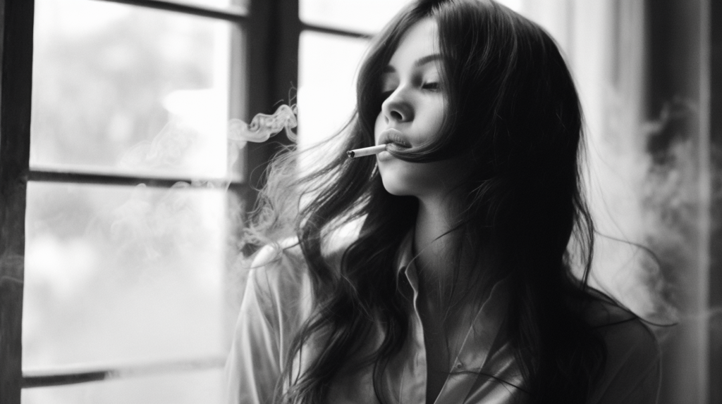 In this black and white photo, a woman is seen standing in front of a window, smoking a cigarette. The woman has long black hair and is wearing a simple outfit. The photo captures her profile as she takes a drag from the cigarette, with the smoke swirling around her. The room behind her is dimly lit, emphasizing her silhouette against the window. The contrast between light and dark adds a dramatic effect to the image. The overall mood is contemplative and mysterious, making the viewer wonder about the woman''s thoughts and emotions.